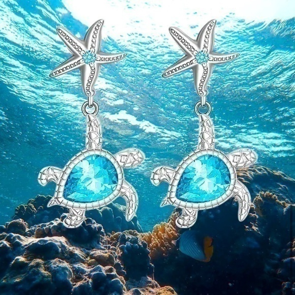 Starfish Sea Turtle Blue Zircon Earrings